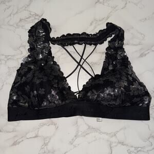 PINK Victorias Secret Black Silver Floral Lace Halter Bralette Strappy Back XXL